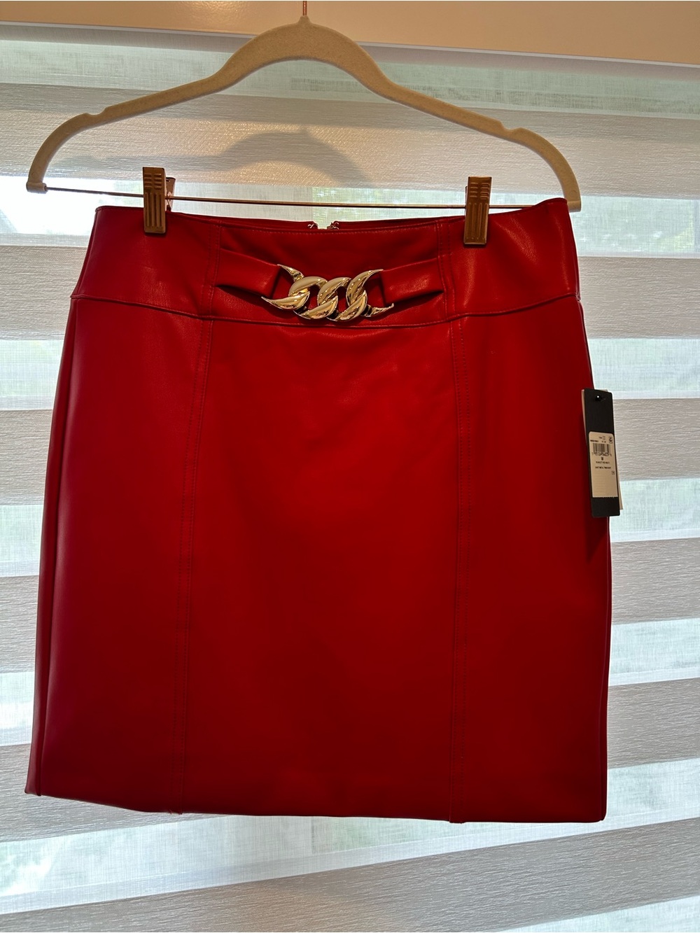 GUESS Red Faux-Leather Mini Skirt with Gold Chain Detail